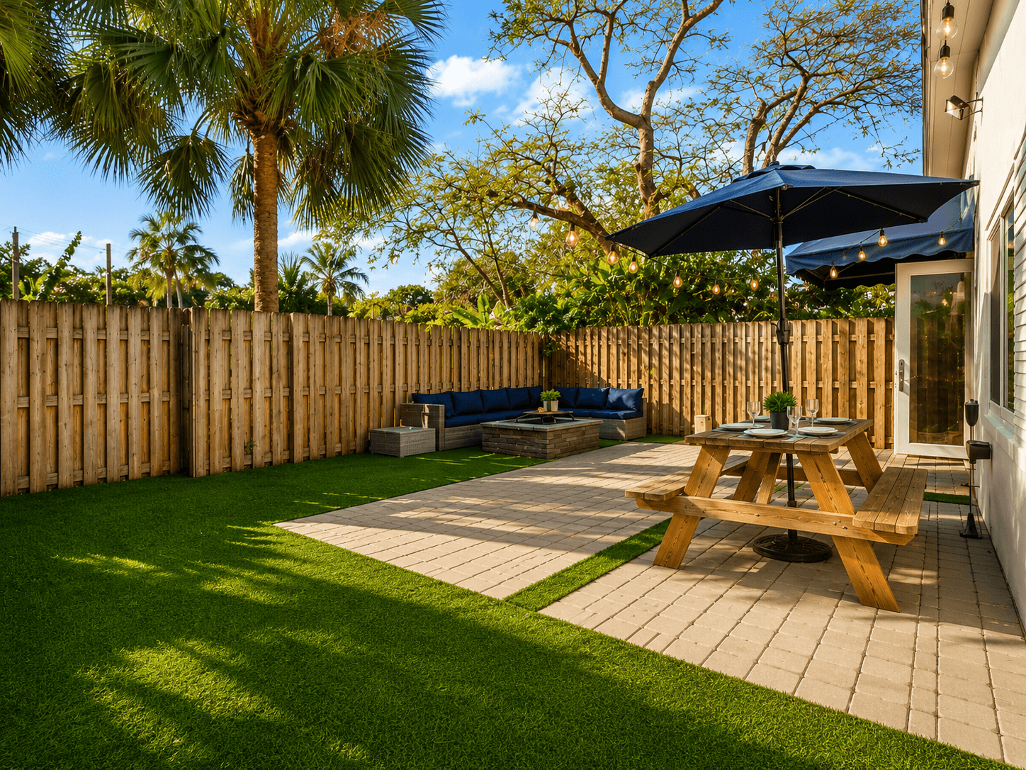 Private backyard with dining table, lounge seating, and fire pit