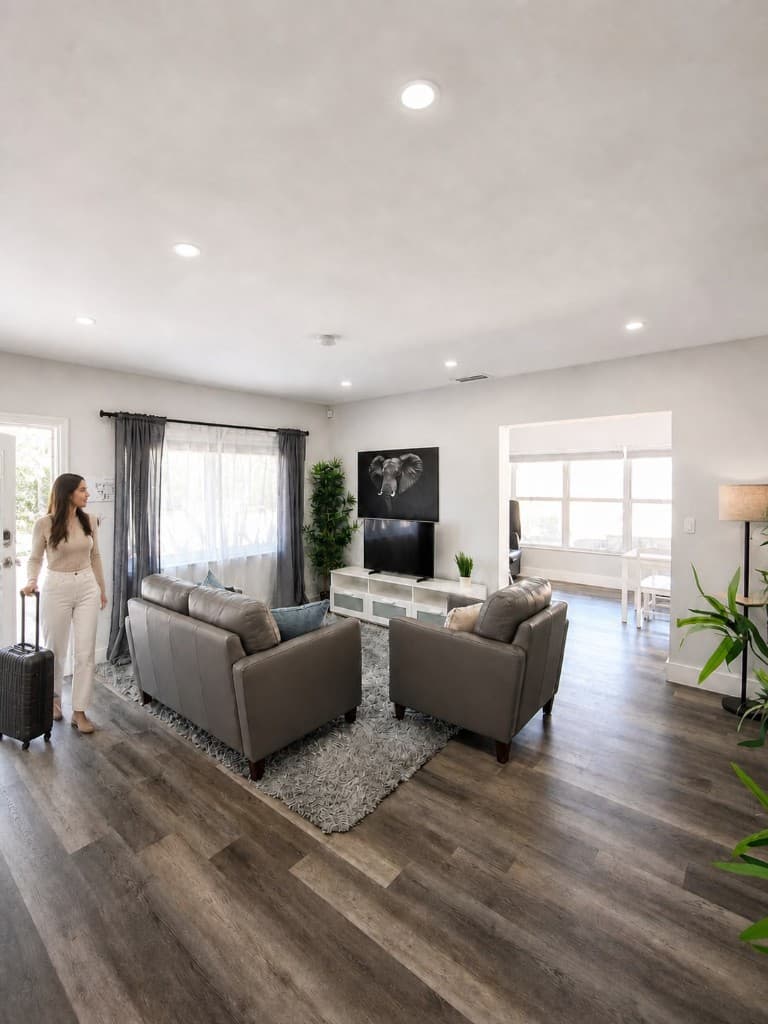 Guest arriving in the sun-filled living room at Poinsettia Paradise