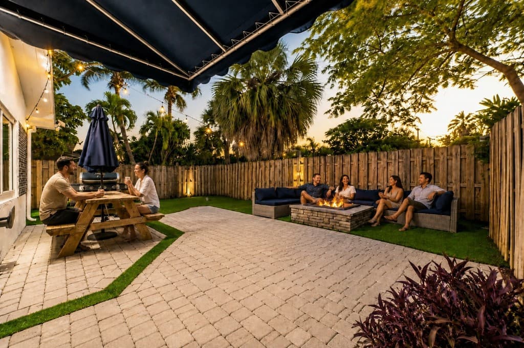 Guests gathered around the fire pit lounge at golden hour